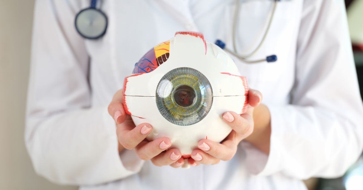 doctor holding medical model of eyball